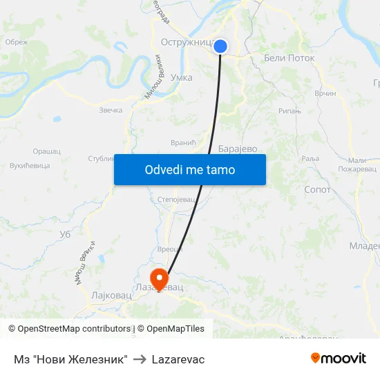 Мз "Нови Железник" to Lazarevac map