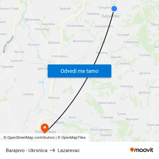 Barajevo - Ukrsnica to Lazarevac map