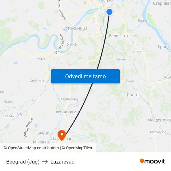 Beograd (Jug) to Lazarevac map