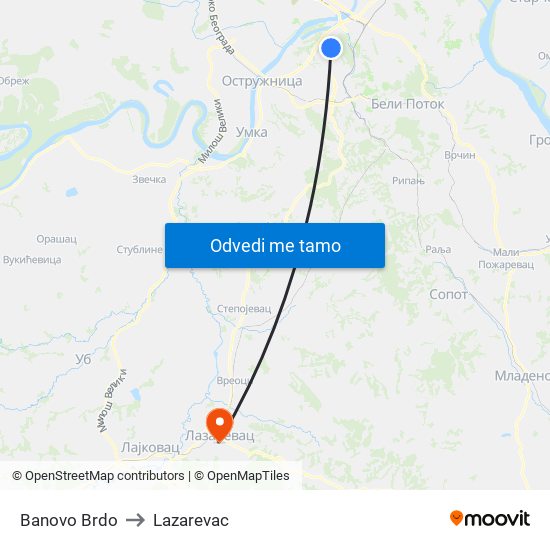 Banovo Brdo to Lazarevac map