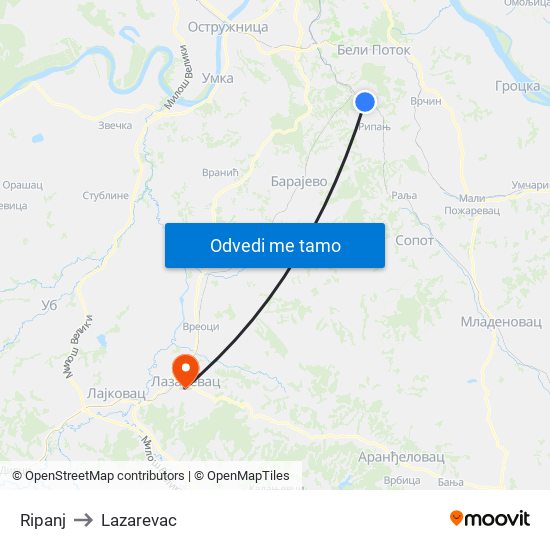 Ripanj to Lazarevac map