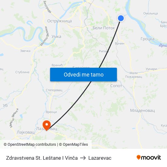 Zdravstvena St. Leštane I Vinča to Lazarevac map