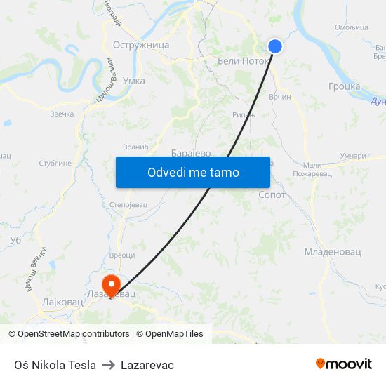 Oš Nikola Tesla to Lazarevac map