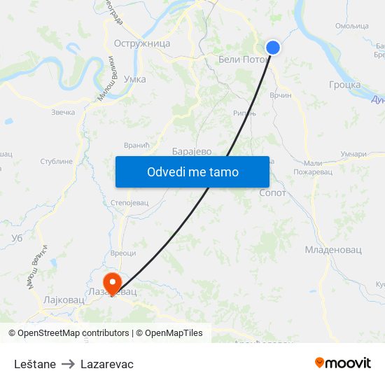 Leštane to Lazarevac map