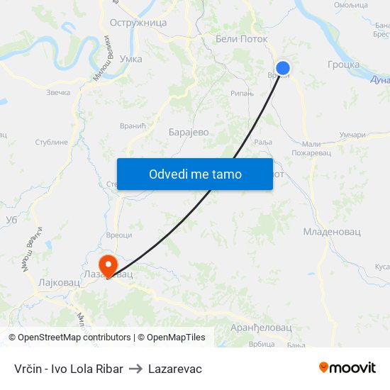 Vrčin - Ivo Lola Ribar to Lazarevac map