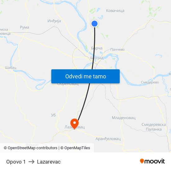 Opovo 1 to Lazarevac map