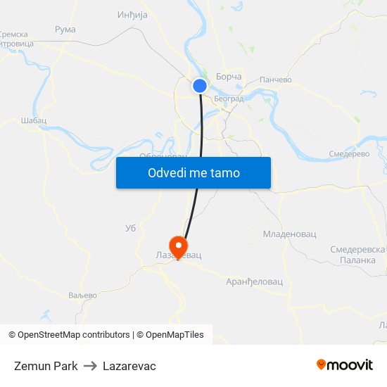 Zemun Park to Lazarevac map