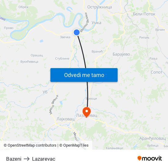 Bazeni to Lazarevac map