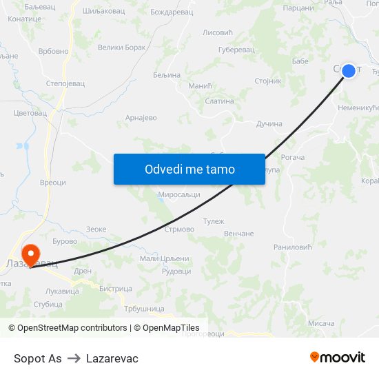 Sopot As to Lazarevac map