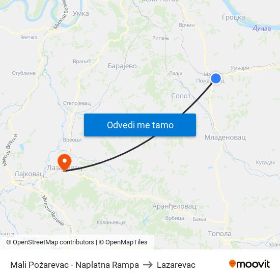 Mali Požarevac - Naplatna Rampa to Lazarevac map