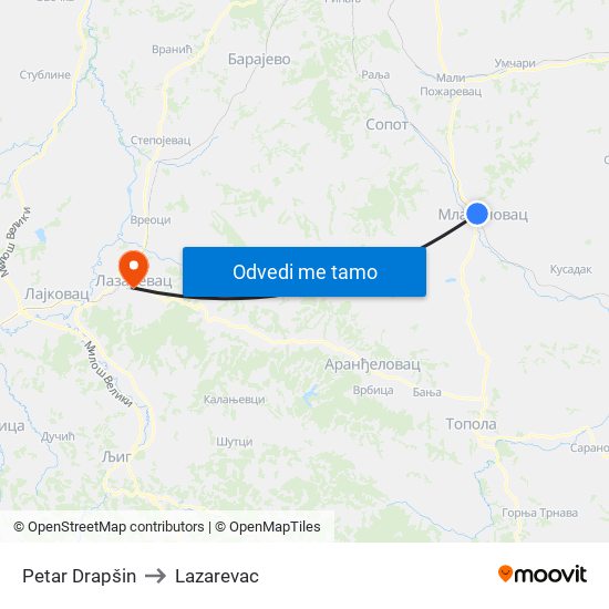 Petar Drapšin to Lazarevac map