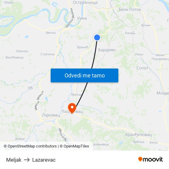 Meljak to Lazarevac map