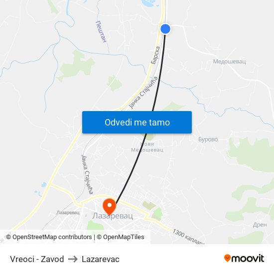 Vreoci - Zavod to Lazarevac map