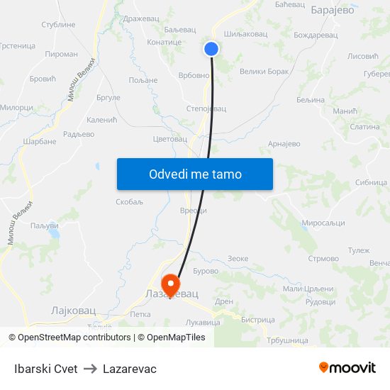 Ibarski Cvet to Lazarevac map