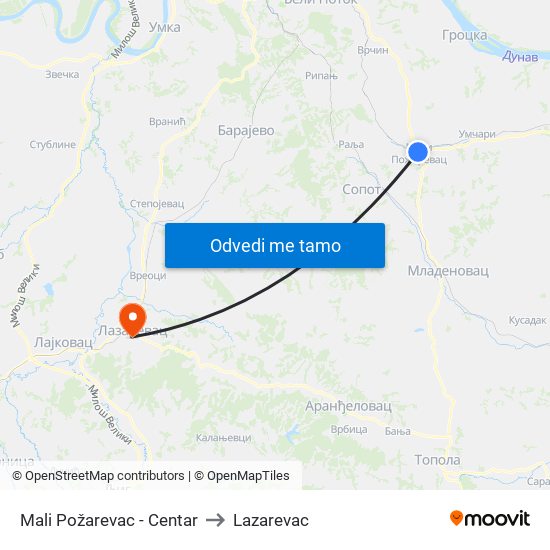 Mali Požarevac - Centar to Lazarevac map