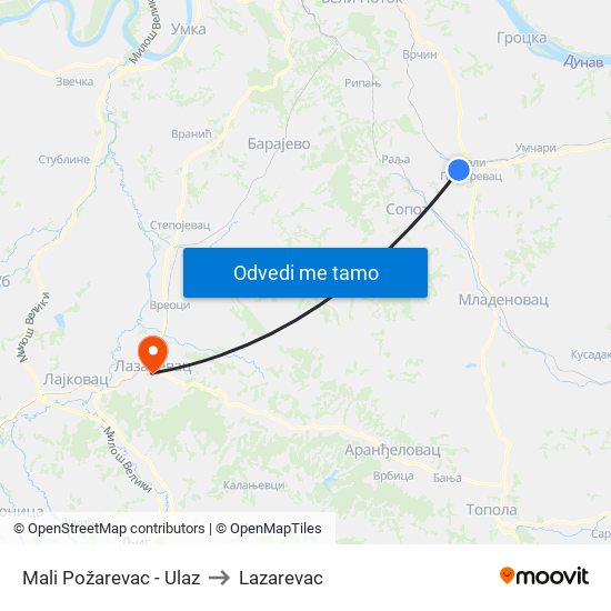 Mali Požarevac - Ulaz to Lazarevac map