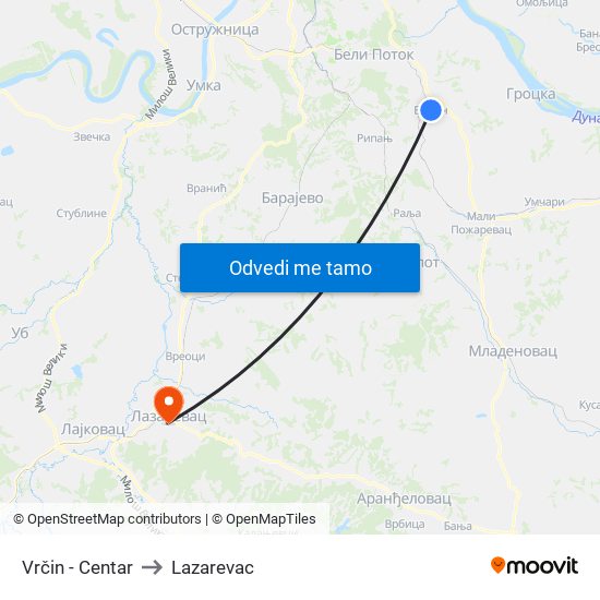 Vrčin - Centar to Lazarevac map