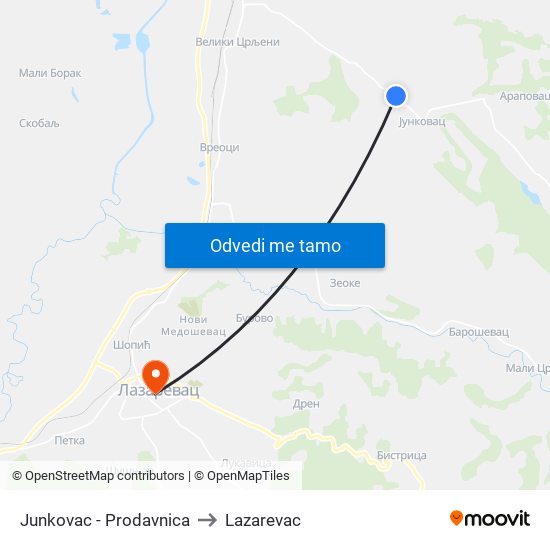 Junkovac - Prodavnica to Lazarevac map