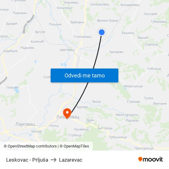 Leskovac - Prljuša to Lazarevac map