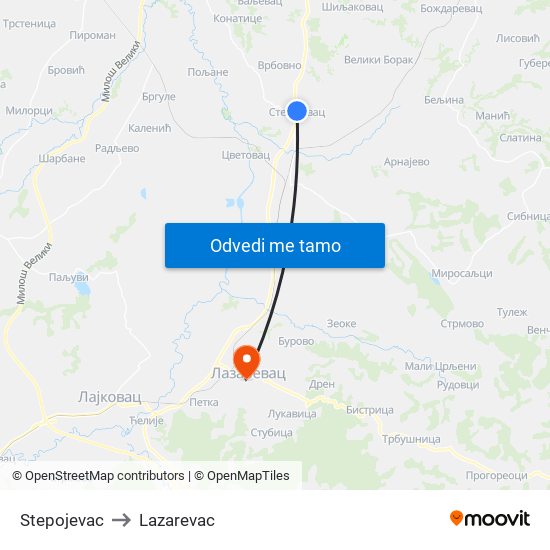 Stepojevac to Lazarevac map