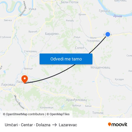 Umčari - Centar - Dolazna to Lazarevac map