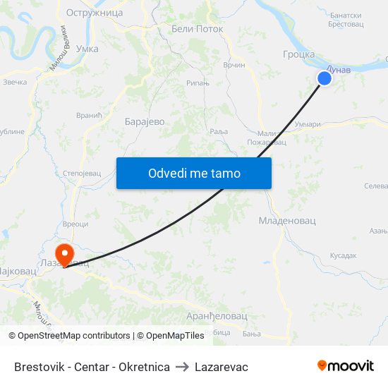 Brestovik - Centar - Okretnica to Lazarevac map