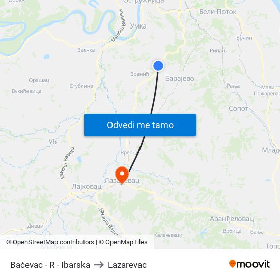 Baćevac - R - Ibarska to Lazarevac map