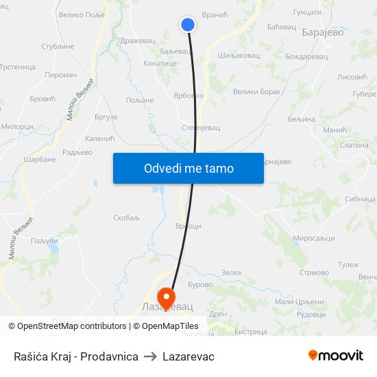 Rašića Kraj - Prodavnica to Lazarevac map