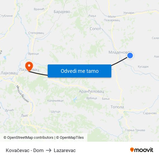 Kovačevac - Dom to Lazarevac map