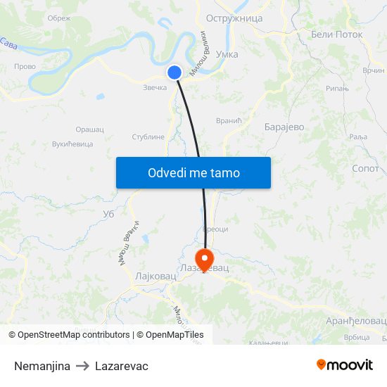 Nemanjina to Lazarevac map