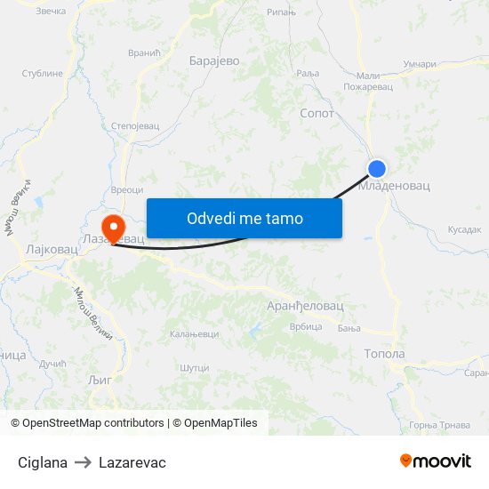 Ciglana to Lazarevac map