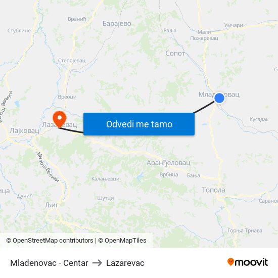 Mladenovac - Centar to Lazarevac map