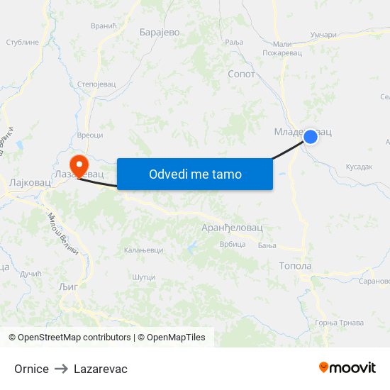 Ornice to Lazarevac map