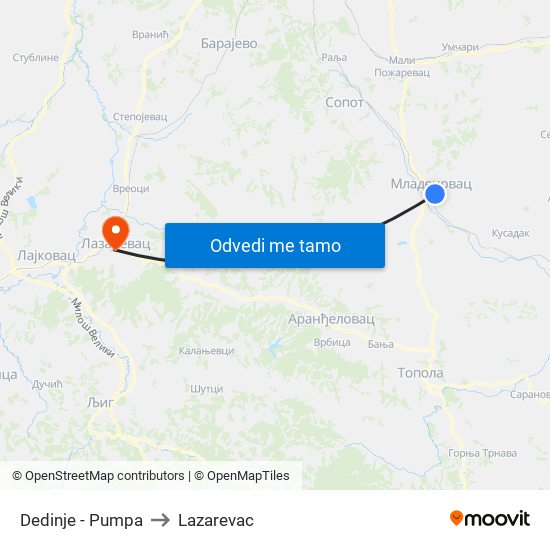 Dedinje - Pumpa to Lazarevac map