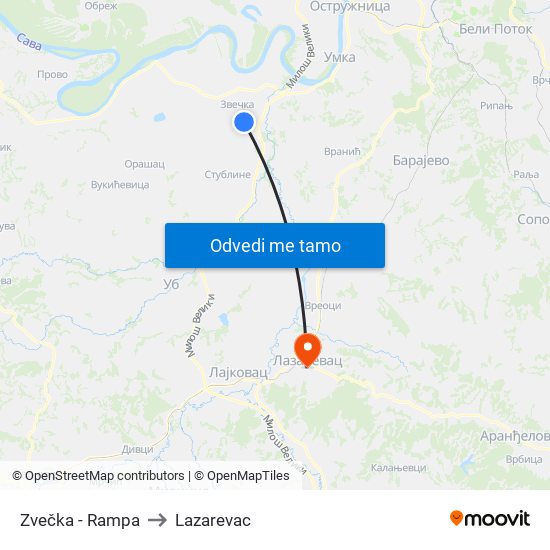 Zvečka - Rampa to Lazarevac map