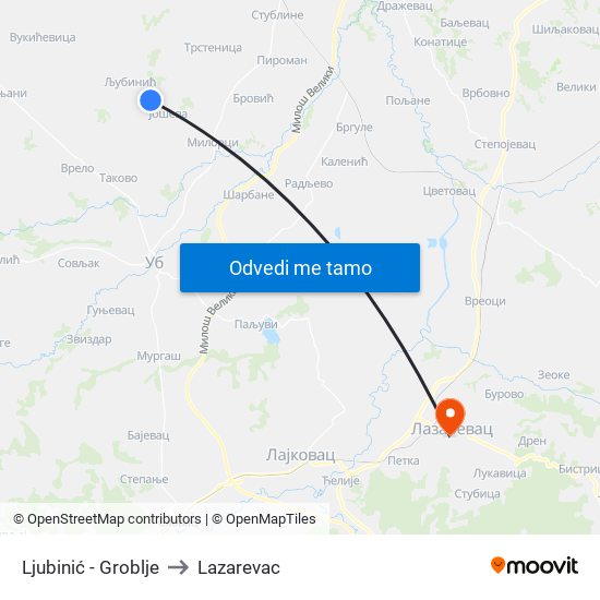 Ljubinić - Groblje to Lazarevac map