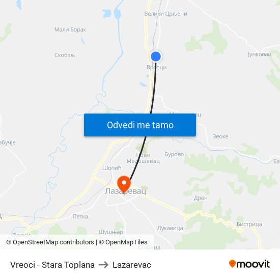 Vreoci - Stara Toplana to Lazarevac map