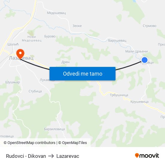 Rudovci - Dikovan to Lazarevac map