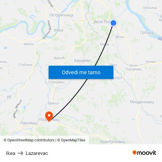 Ikea to Lazarevac map