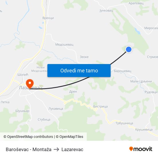 Baroševac - Montaža to Lazarevac map