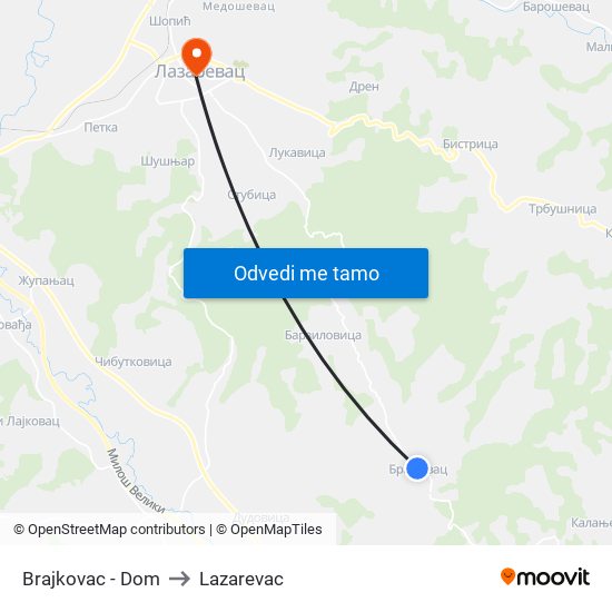 Brajkovac - Dom to Lazarevac map