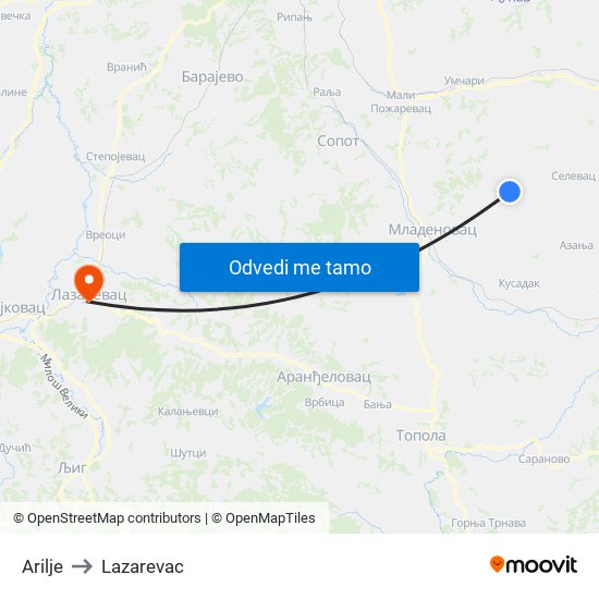 Arilje to Lazarevac map