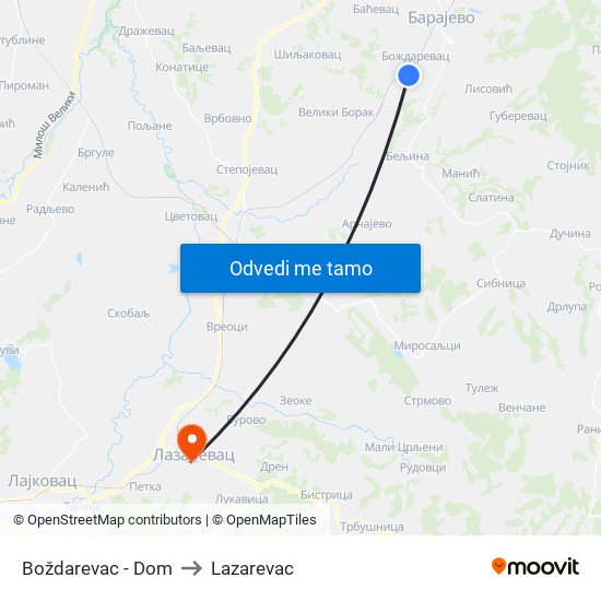 Boždarevac - Dom to Lazarevac map