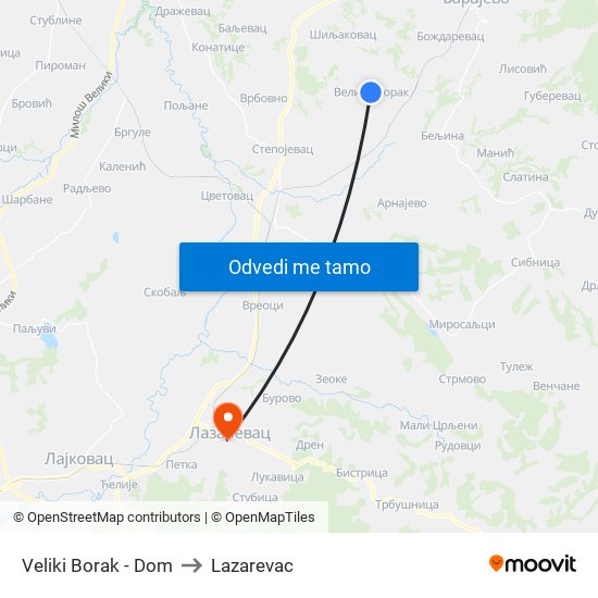 Veliki Borak - Dom to Lazarevac map