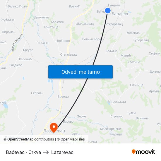 Baćevac - Crkva to Lazarevac map