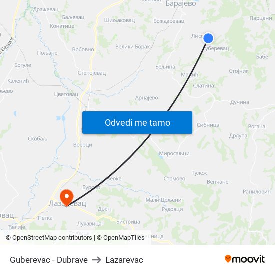 Guberevac - Dubrave to Lazarevac map