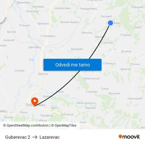 Guberevac 2 to Lazarevac map