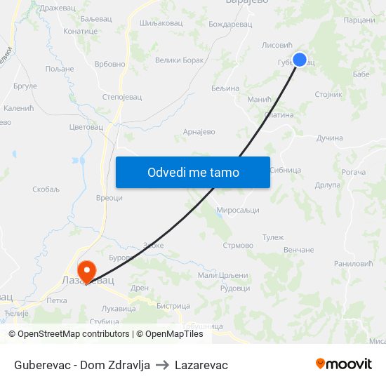 Guberevac - Dom Zdravlja to Lazarevac map