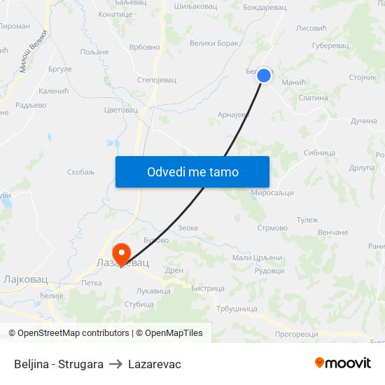 Beljina - Strugara to Lazarevac map