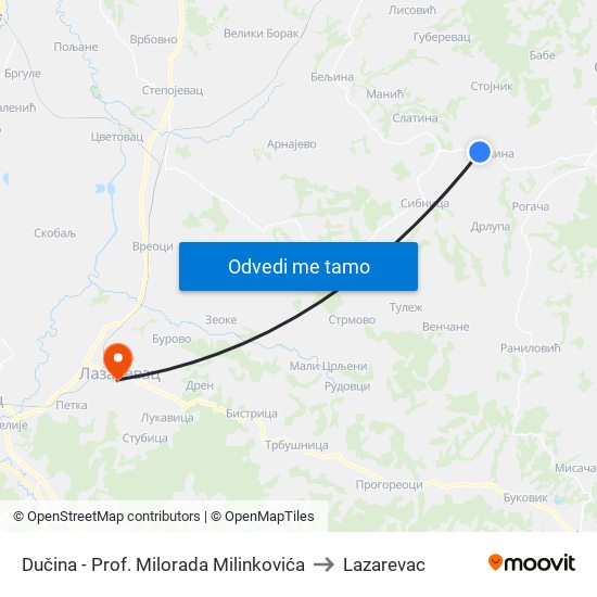 Dučina - Prof. Milorada Milinkovića to Lazarevac map